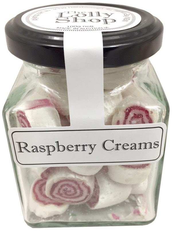 Raspberry Cream  Boiled Lollies or Rock Candy 100g Jars - Packed In Boxes of 12